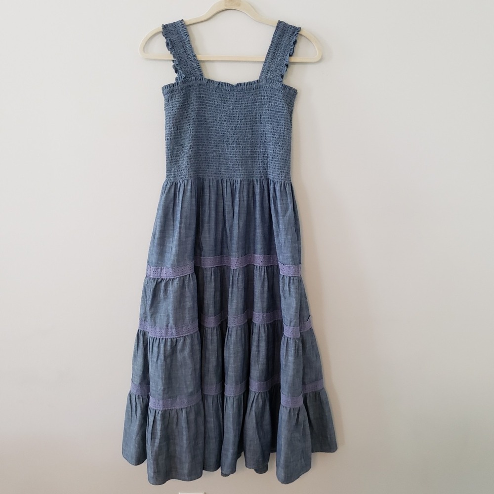 Lands End Womens Country Cottagecore Midi Dress SMALL Smocked Pockets Tiered - Picture 2 of 8